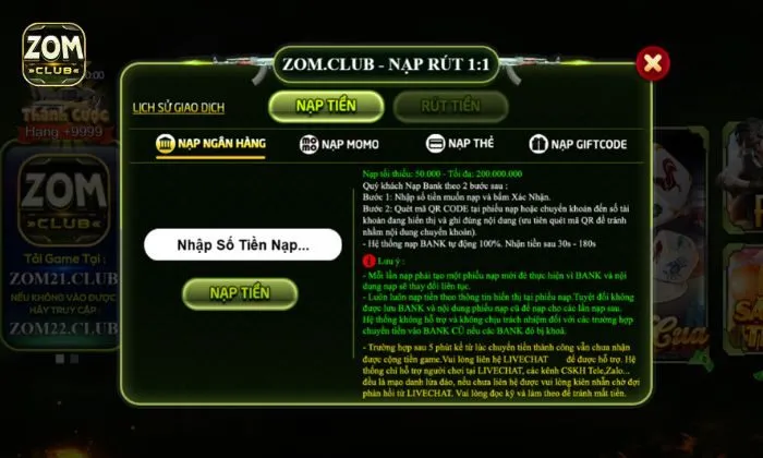 Nạp tiền Zomclub Quy trình chuyển tiền vào nhà cái bằng Ngân hàng nhanh chóng