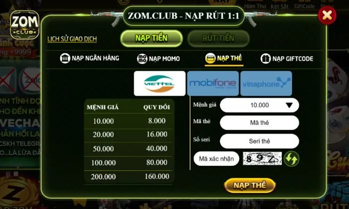 Nạp tiền Zomclub Nạp tiền Zomclub bằng thẻ cào dễ dàng, an toàn tuyệt đối